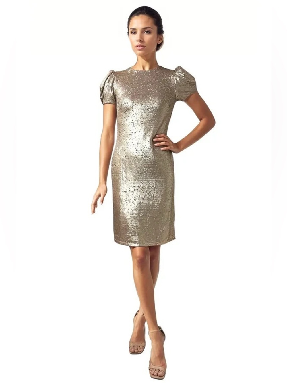 RENE Rene Ruiz Puff Sleeve Sequin Cocktail Dress Women's 10 Gold